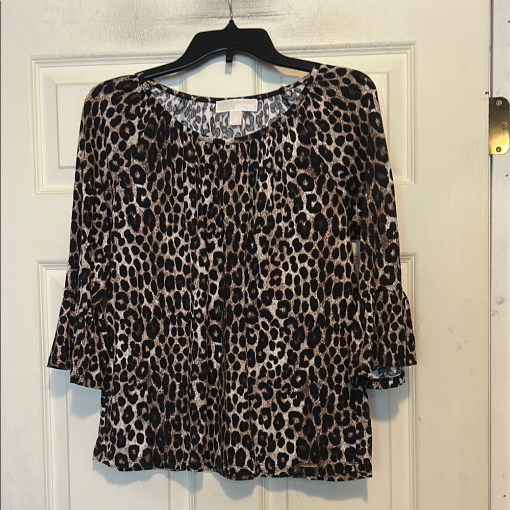 MICHAEL Michael Kors Leopard Print Peasant Scoop Neck Top Size Medium